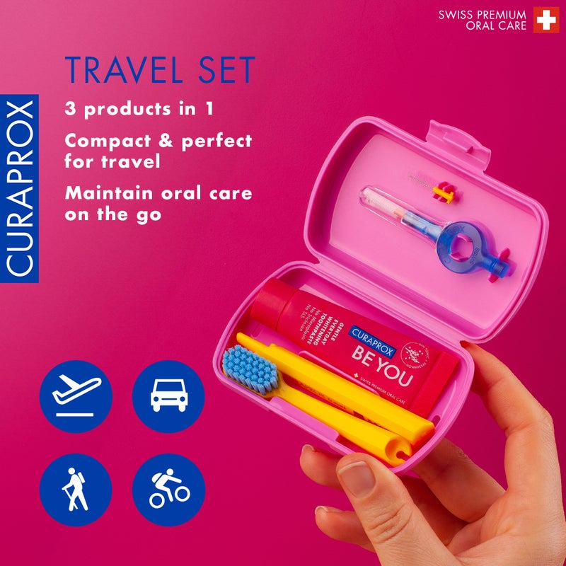 CURAPROX Travel Set Pink I Includes CS 5460 Travel Toothbrush, 10ml Be You Toothpaste, CPS Prime 07 & 09 Interdental Brushes I Compact Oral Care Kit for On-the-Go - Image 3